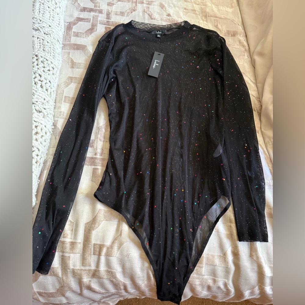 Lulus Black Speckled Mesh Long Sleeve Bodysuit